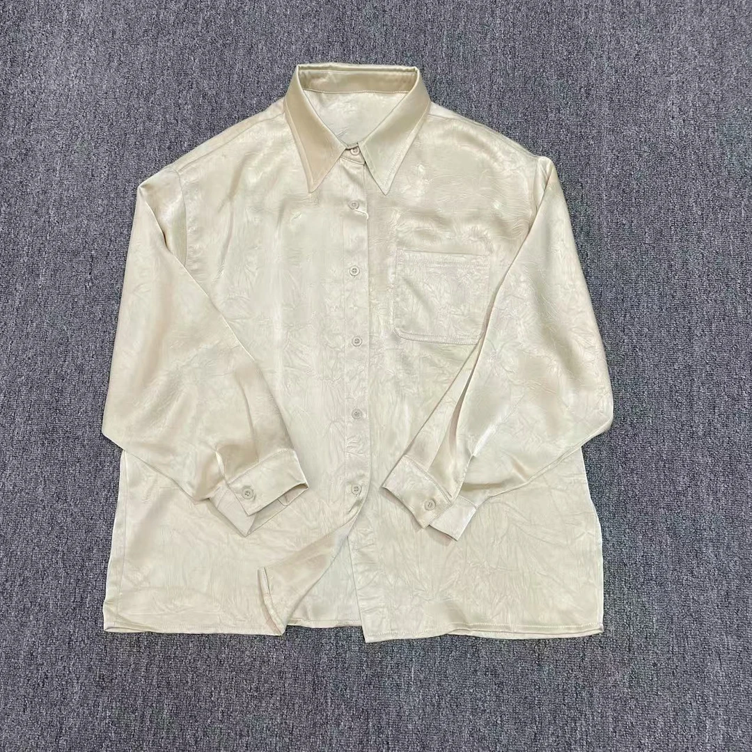 黑屿白/124 翻驳领女春季长袖亮面轻奢衬衫翻领经典纯色休闲衬衣