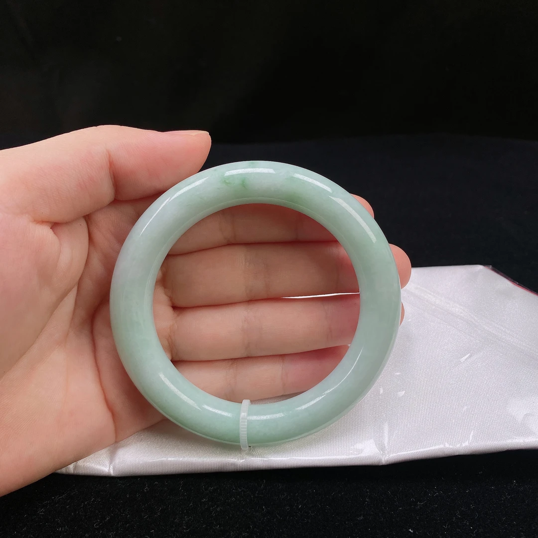 56圈口缅甸翡翠A货老坑细糯种满色满绿带花色胖圆条玉镯正品珠宝