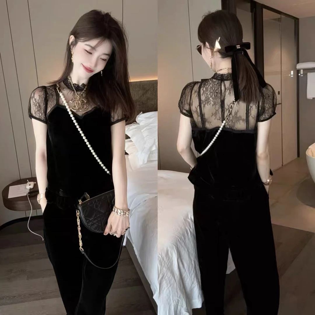 欧洲站2025夏款欧货女立领蕾丝微透设计高级感女神范丝绒短袖上衣