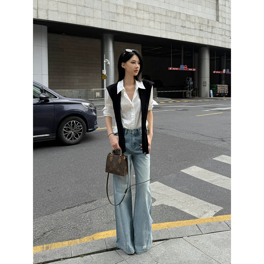 IFMR【阔腿破洞】秋季牛仔裤女新款通勤百搭美式显瘦复古蓝阔腿裤子