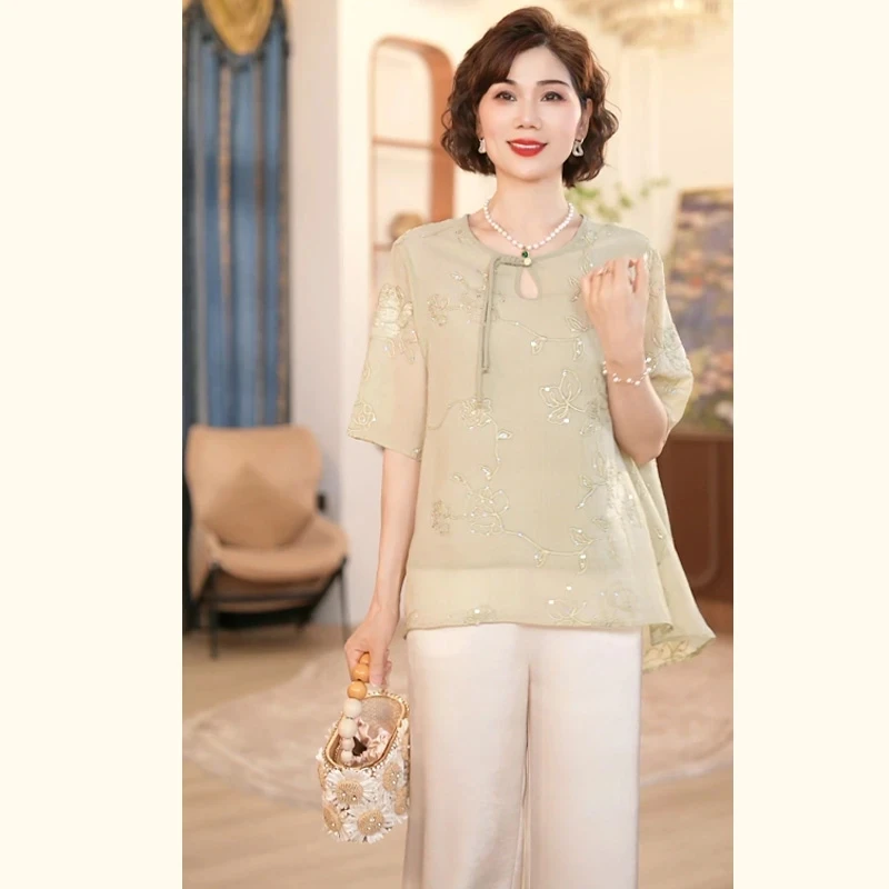 中年妈妈夏季套装2025新款洋气上衣服中老年女装两件套