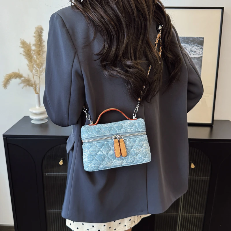 韩版软牛仔布小包包菱格链条斜挎包百搭单肩包女包小方包女手机包