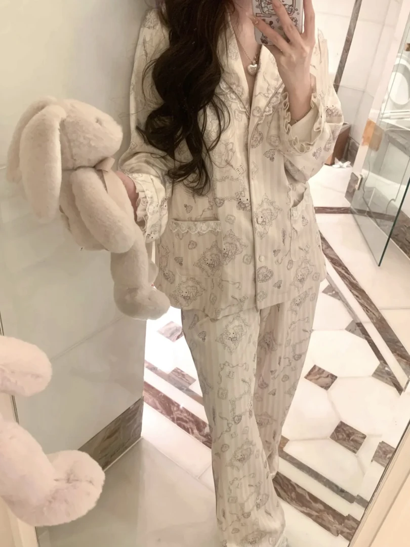 【少女kt现货】夏款丝质缎面睡衣家居服可爱少女缎面印花女可外穿