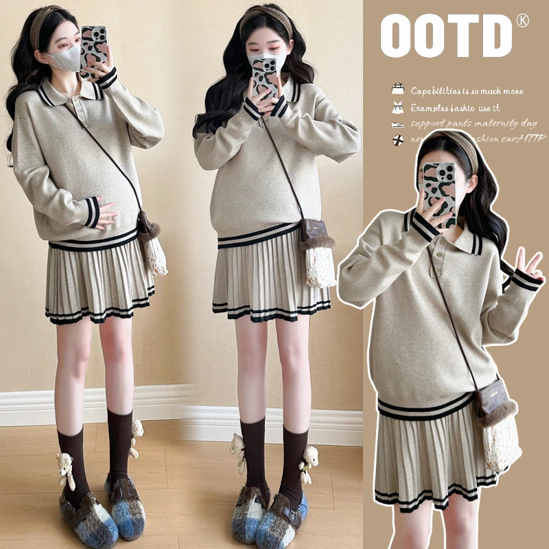 孕妇装秋冬百搭早秋穿搭一整套学院风polo领针织毛衣短裙两件套装