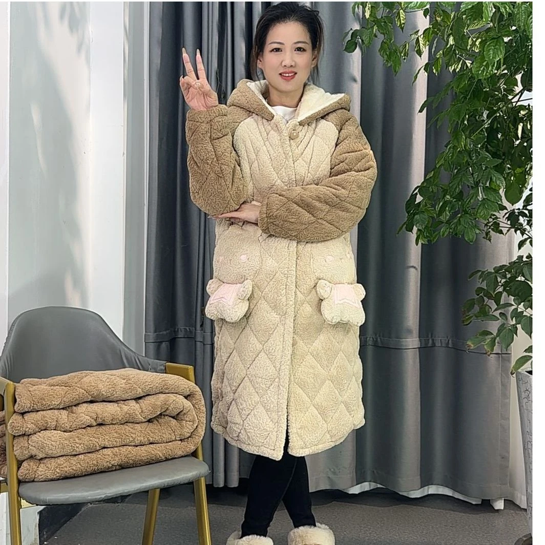 【女士长袍5902】冬季夹棉睡衣时尚三层夹棉加厚家居服套装加绒保暖