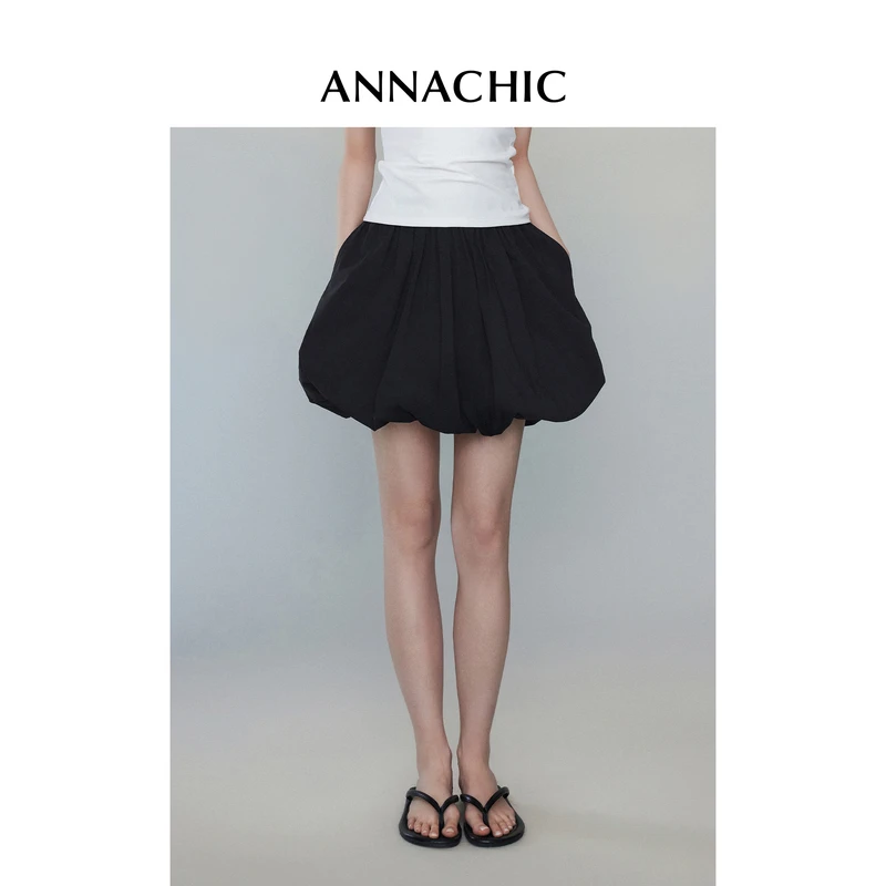 ANNACHIC松紧腰气质泡泡裙女春季新款小个子蓬蓬花苞短款A字半裙