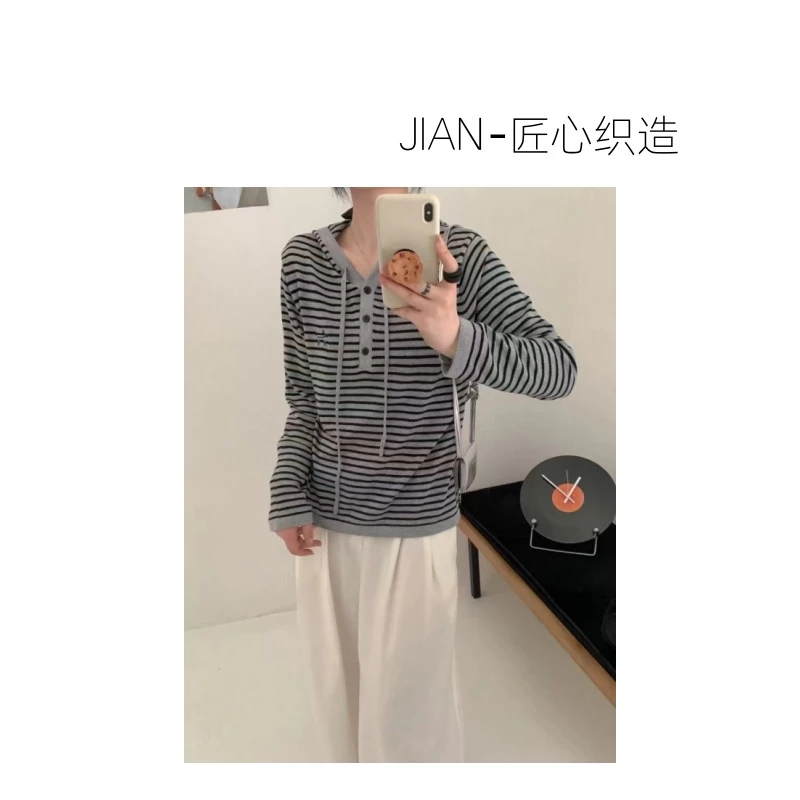JIAN-「复古港风」25秋季新款卡通条纹连帽抽绳T恤GL-FQ012