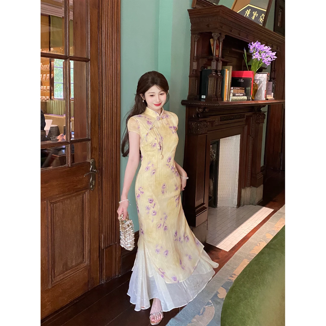 2025夏季新款法式气质印花修身显瘦连衣裙新中式名媛改良旗袍长裙
