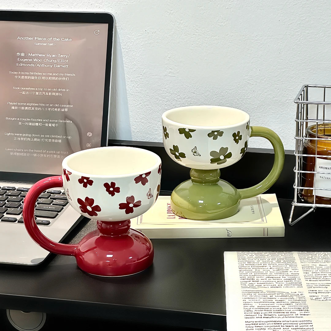 高颜值拼色奖杯陶瓷马克杯家用小众设计创意高脚咖啡杯情侣喝水杯