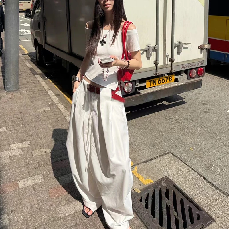 设计感白色休闲裤女2025夏季新款高腰工装阔腿裤垂感百搭拖地裤子
