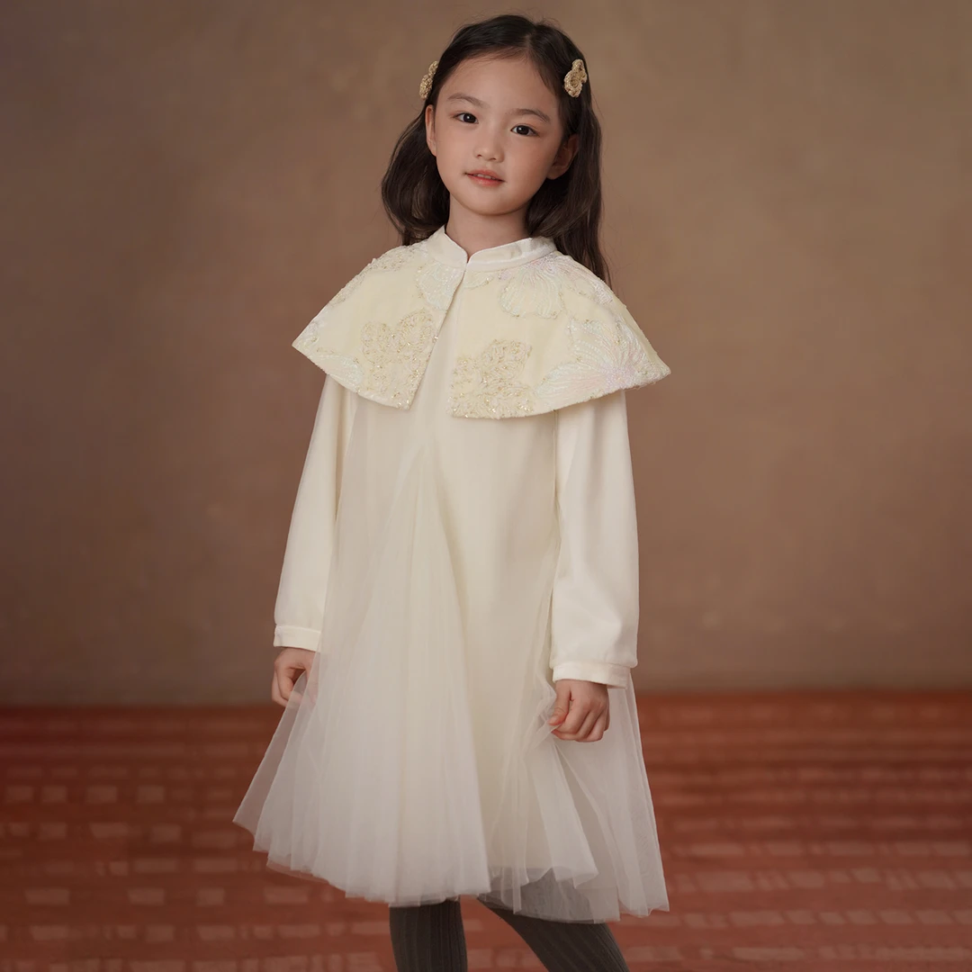 哈齿童装冬季重工刺绣新中式连衣裙儿童加绒中长裙女童纱裙礼服裙