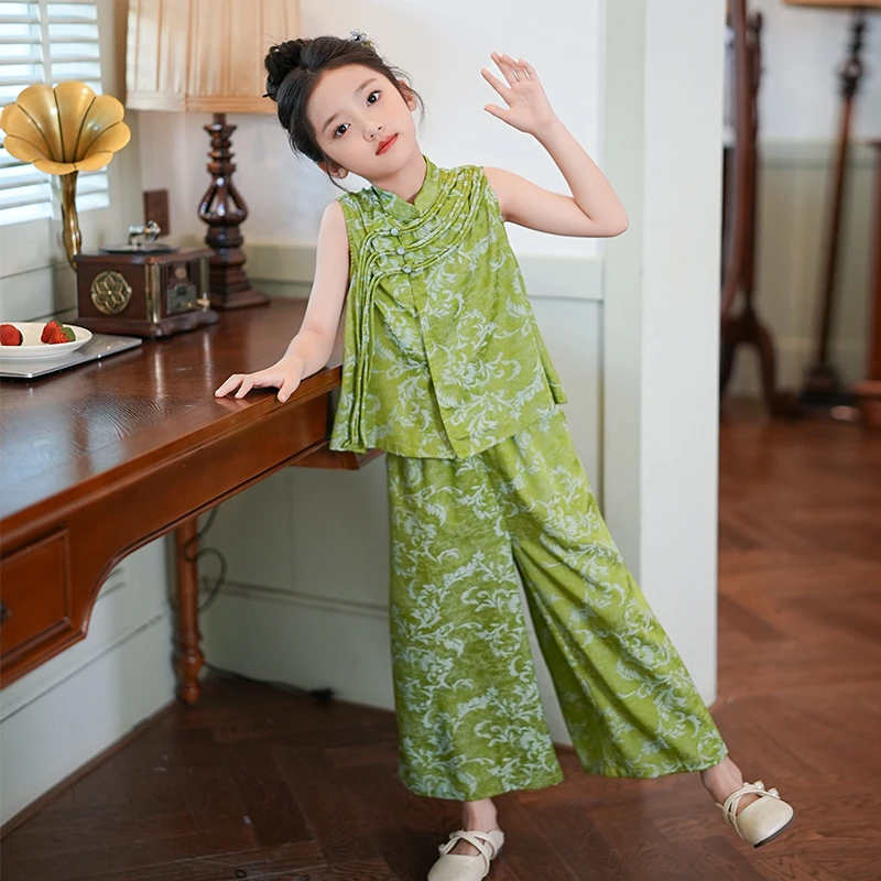 0769234女童套装国风新中式绿色套裤夏季设计感复古儿童装两件套