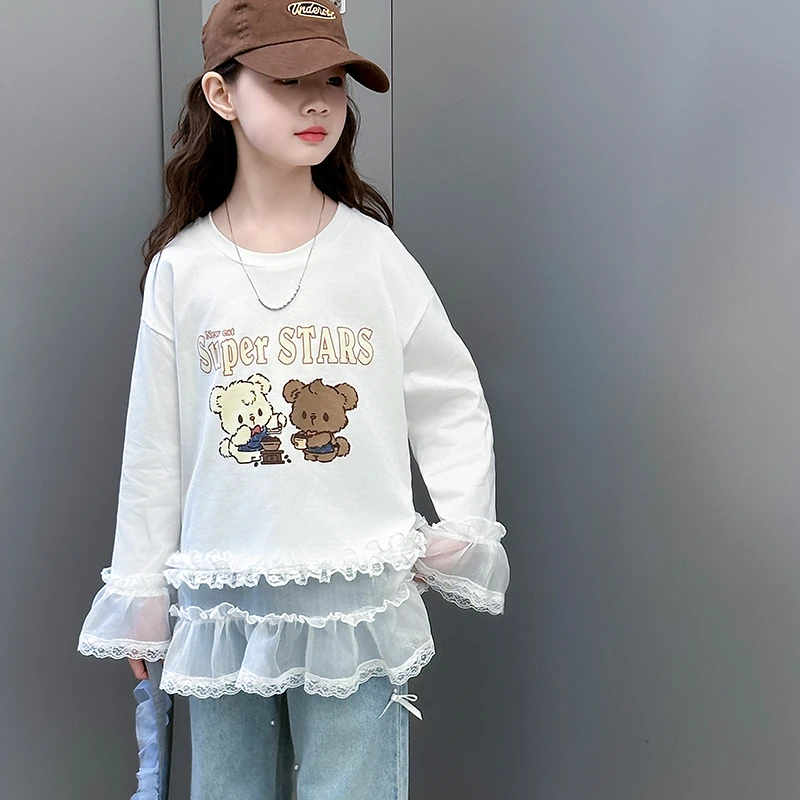 嘻嘻柚】女童春季小熊蕾丝打底衫2025新款卡通印花蕾丝拼接圆领T恤