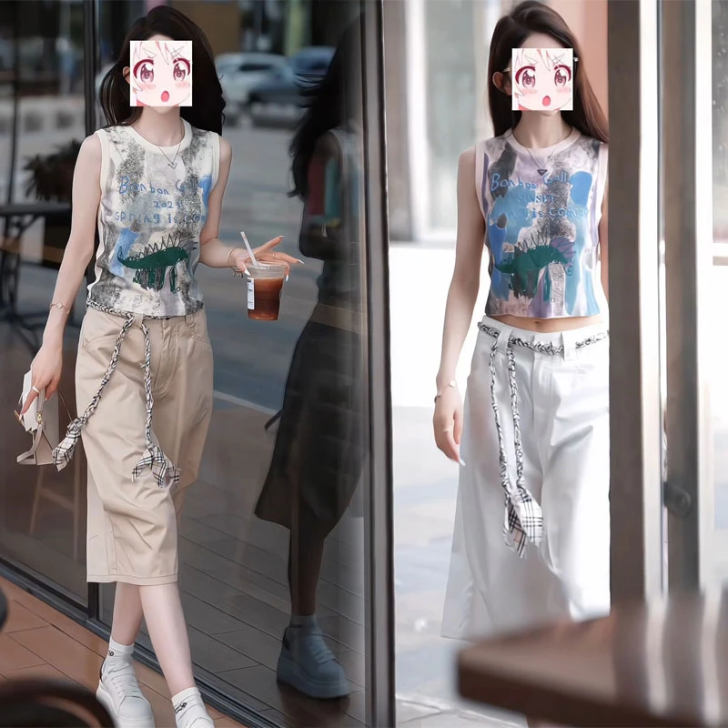 盐系小个子2025夏季涂鸦圆领无袖背心高腰六分裤子显瘦减龄两件套