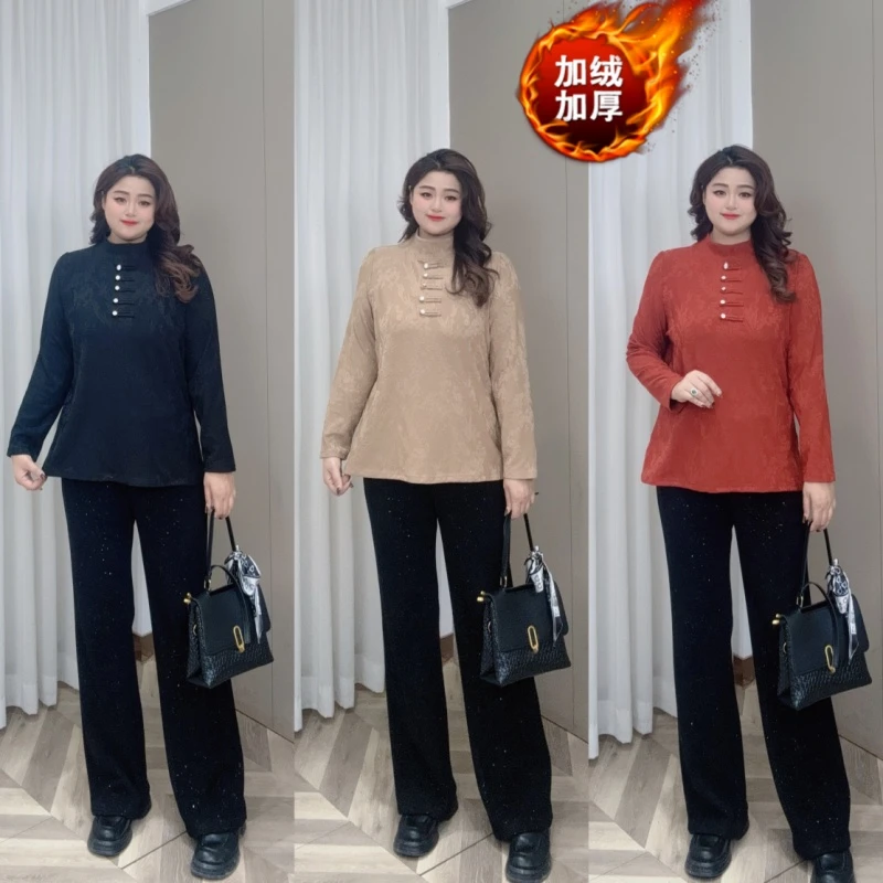 PWD32599 (现货仅上衣）秋冬中式立领盘扣衬衫气质提花大码衣长69