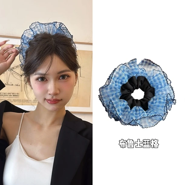 布鲁士蓝格网纱花边大肠发圈女高级感马尾头花气质仙美扎头绳发绳