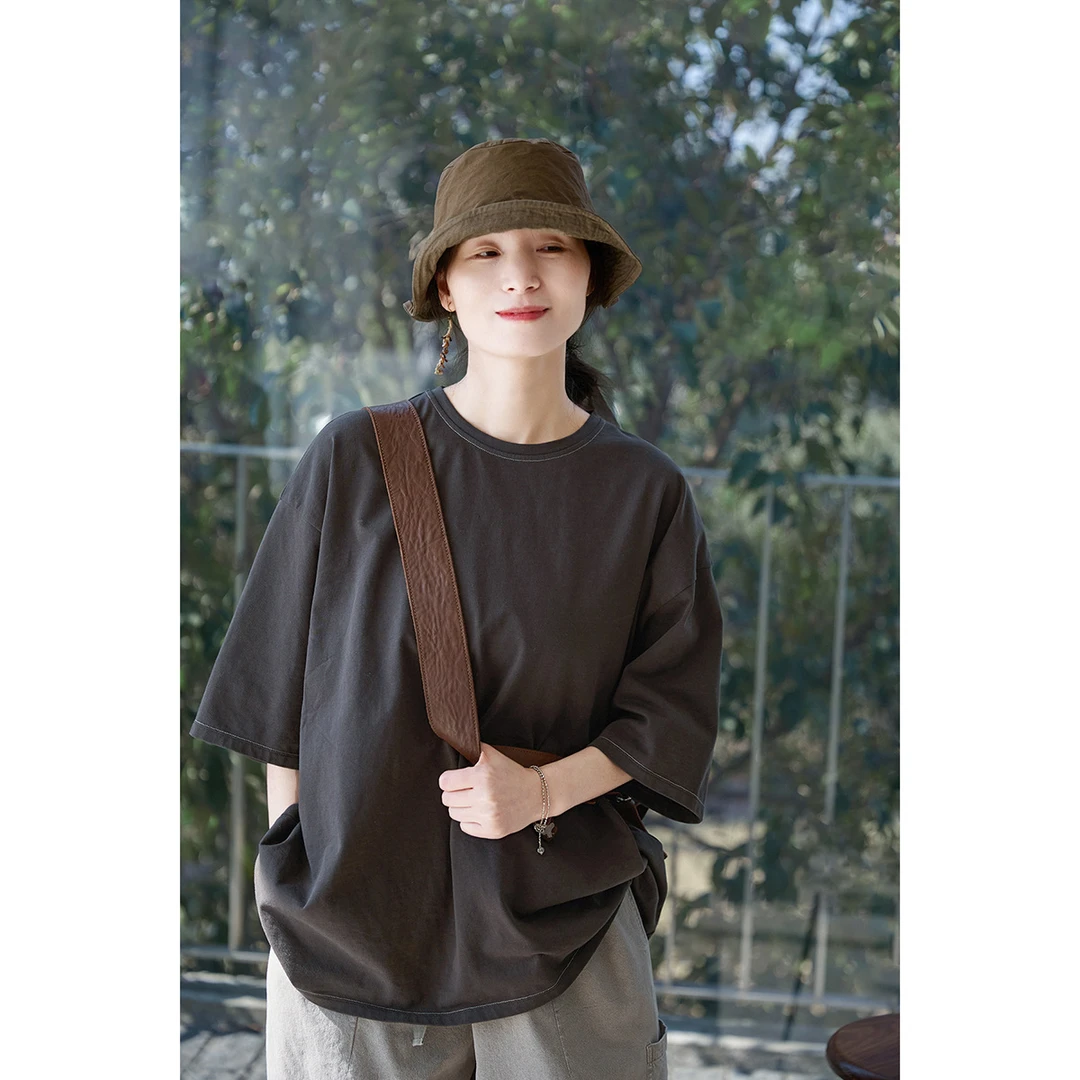 炎炎夏日【杂想】夏款牛角灰圆领宽松针织男友大T恤5071