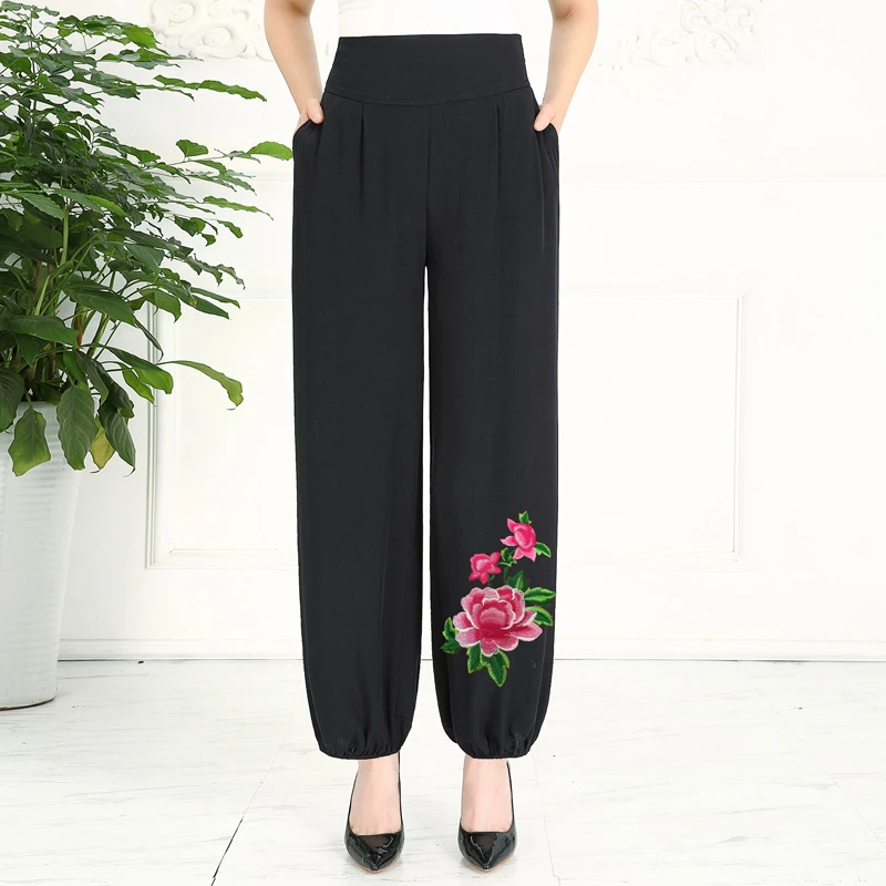 灯笼裤刺绣休闲裤夏季中老年民族风长裤大码女装高腰棉麻阔腿裤子