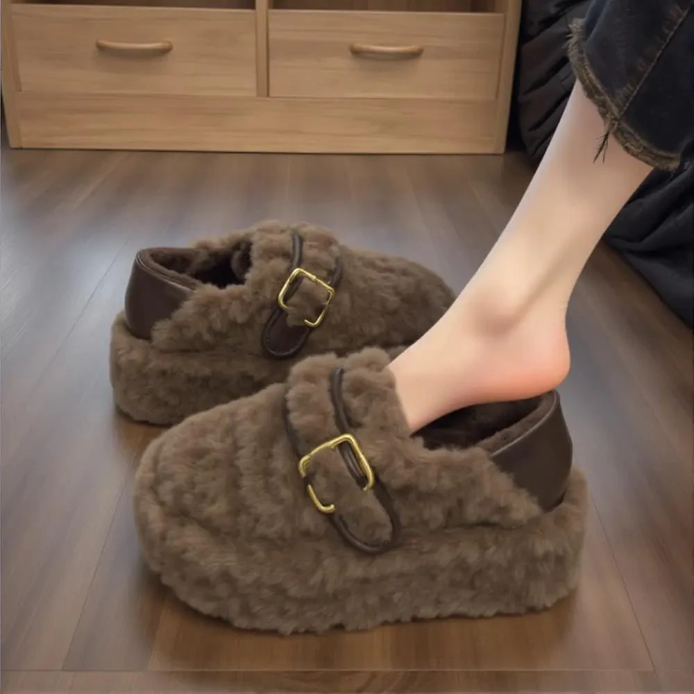 【DR官方正品】羊羔绒豹纹毛毛鞋女2025新款冬季皮带扣覆古厚底加绒