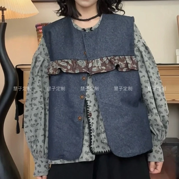HZ “牛仔花边”新品高级牛仔两面拼接小众设计感叠穿百搭短款马甲
