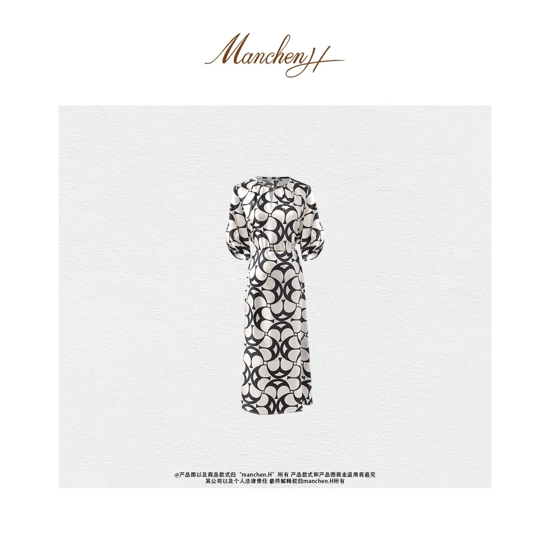 曼辰manchenh"云影流转"重磅100桑蚕丝斜纹印花气质连衣裙