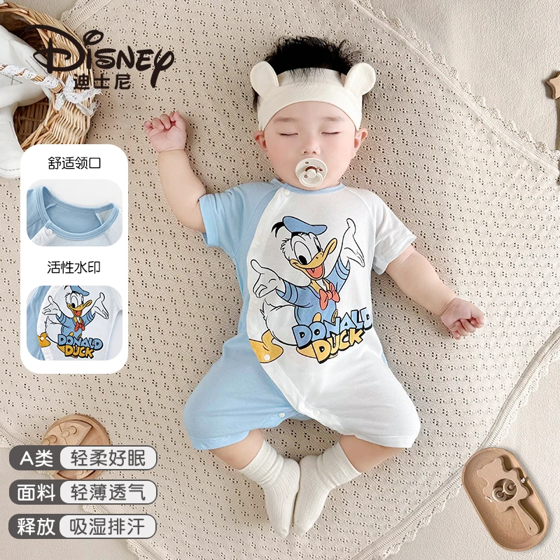 迪士尼纯棉A类儿童短爬哈衣薄款宝宝护肚连体半袖婴儿短袖家居服