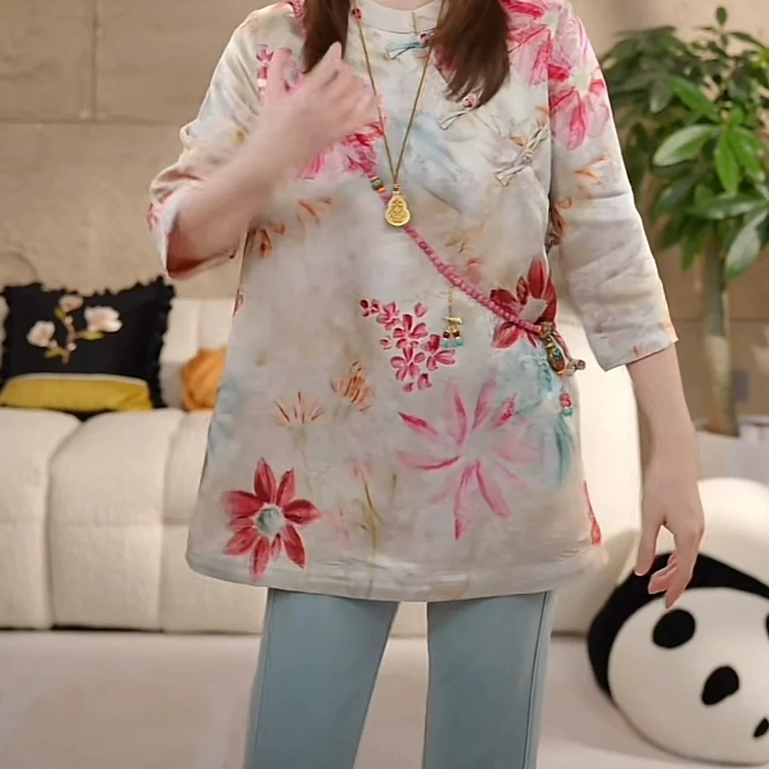新中式国风改良盘扣旗袍衬衫女夏季新款慵懒风宽松五分袖印花衬衣