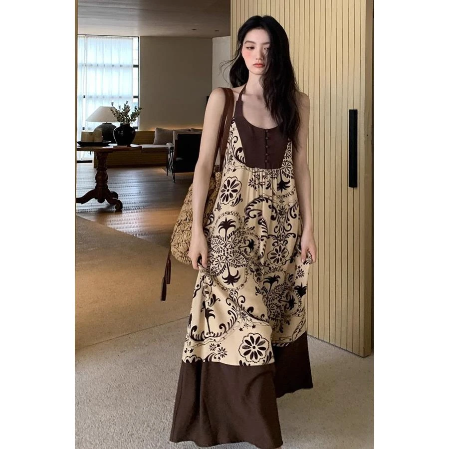 复古佩斯利 撞色款拼接挂脖领式连衣裙文艺古着风气质吊带长裙女