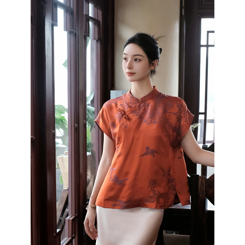 盛唐婧老缎蝴蝶盘扣立领斜襟上衣-橘色女士国风新中式女装彩扣