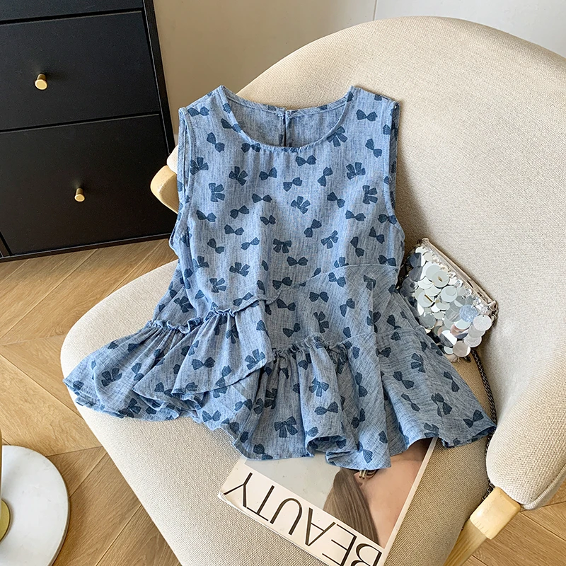 设计感小众蝴蝶结洋气减龄小衫夏季韩版无袖衬衫女日常穿搭上衣潮