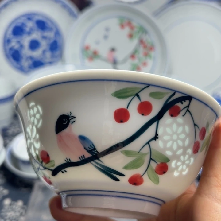 手绘雕刻5寸花鸟小饭碗