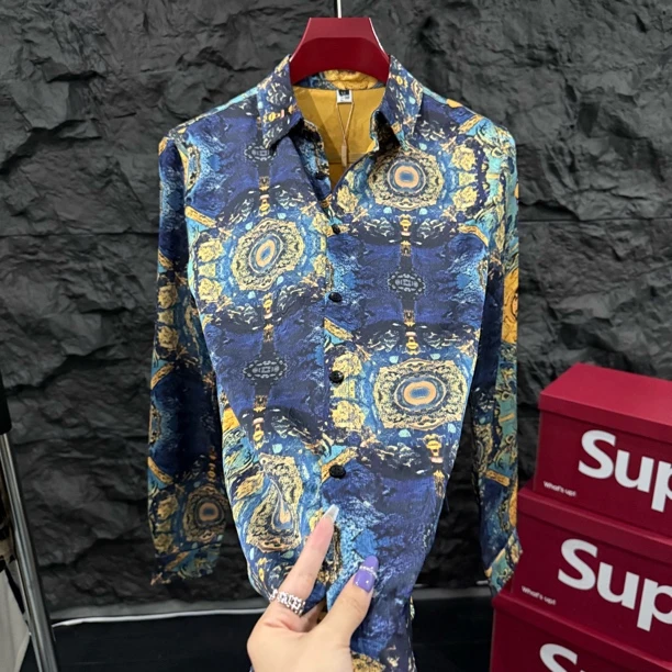 男士秋季透气提花工艺翻领长袖衬衫休闲轻奢高品质时尚