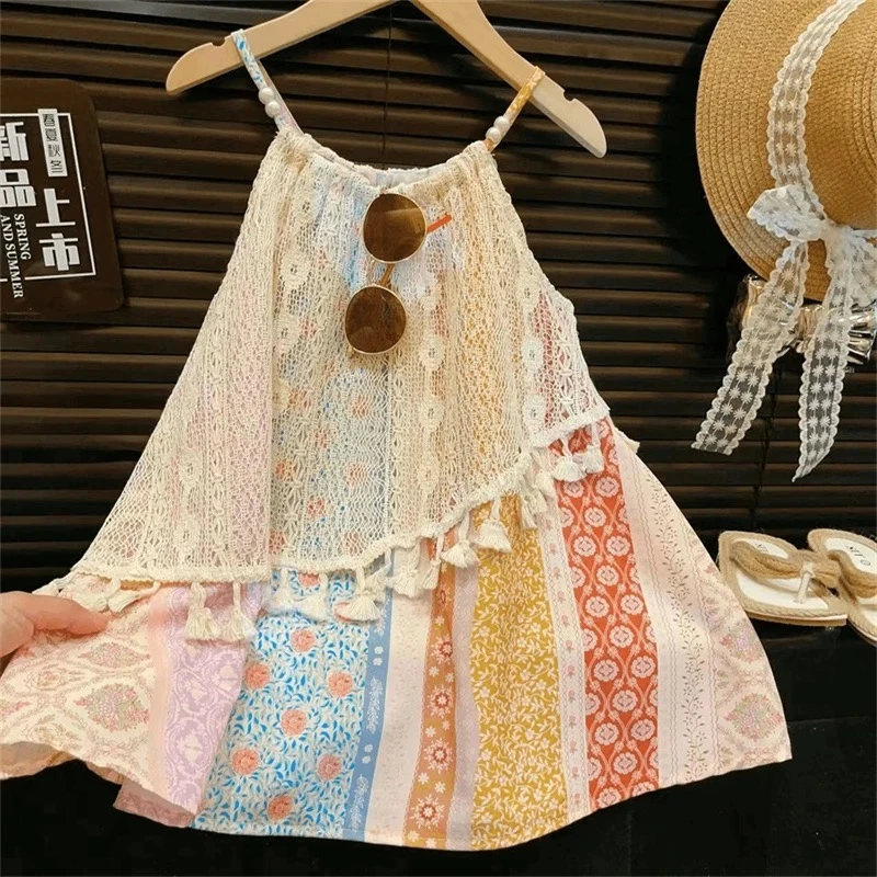 2025新款女童吊带连衣裙 韩版设计网纱粉色拼接连衣裙6004