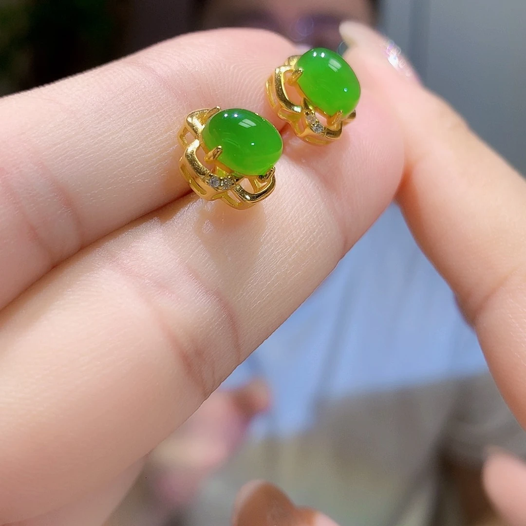 和田玉（碧玉）银S925镀金镶嵌耳饰