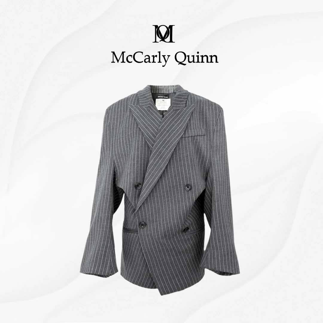 McCarlyQuinn结构立裁慵懒高质感灰白条纹双排扣休闲通勤西装外套