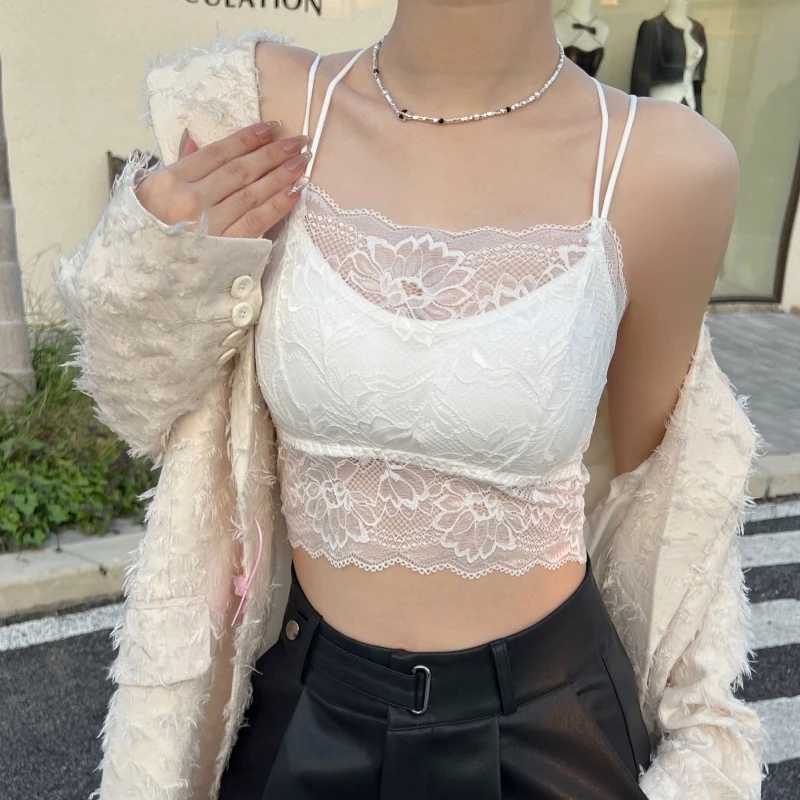 2025美背吊带背心蕾丝内搭防走光裹胸抹胸辣妹修身短款内衣女性感