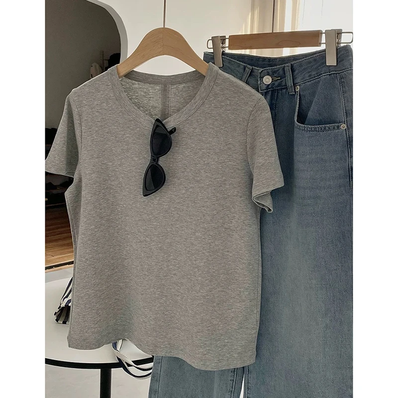 Julychee 后中线设计感贝壳扣纯色短袖T恤