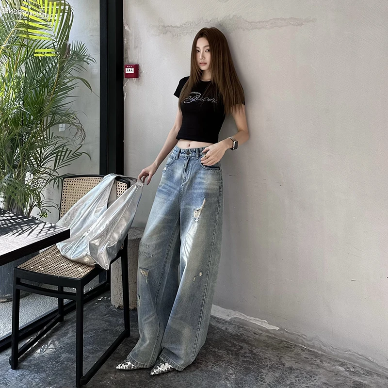 复古做旧破洞水洗磨破牛仔裤女2025夏季薄款宽松高腰显瘦拖地裤子