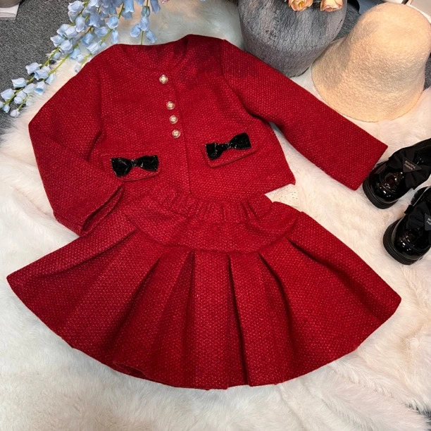 女童小香风夹棉外套百褶裙套装冬季红色儿童新年拜年服