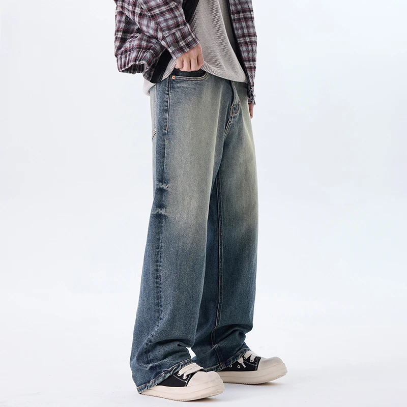 GS秋季新款美式牛仔裤男士时尚潮流百搭宽松透气直筒坠感阔腿长裤