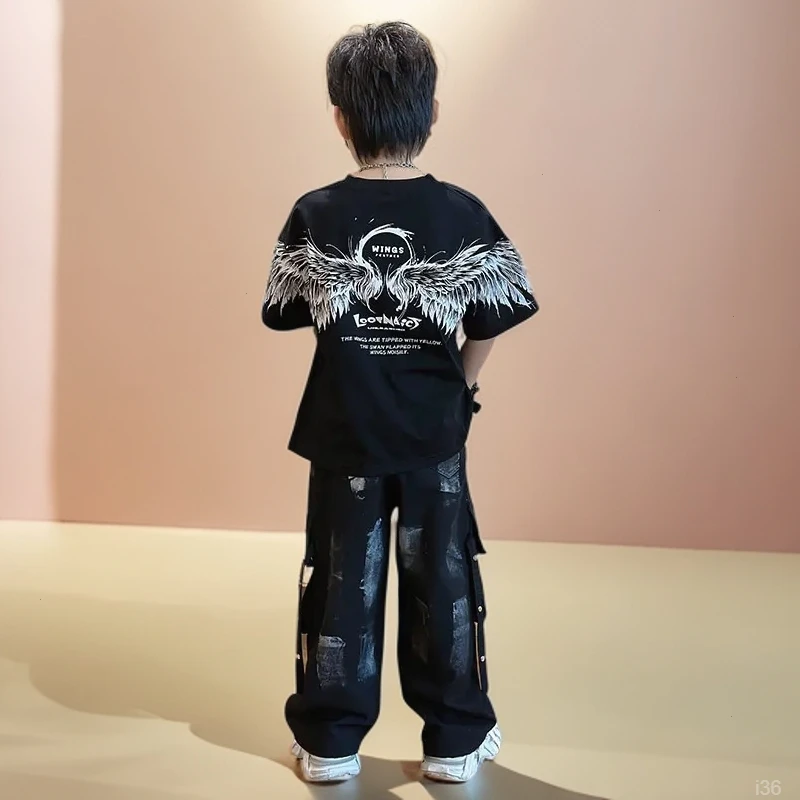 夏装休闲中大童T恤时髦童装男童套装儿潮流2025夏季新款翅膀短袖