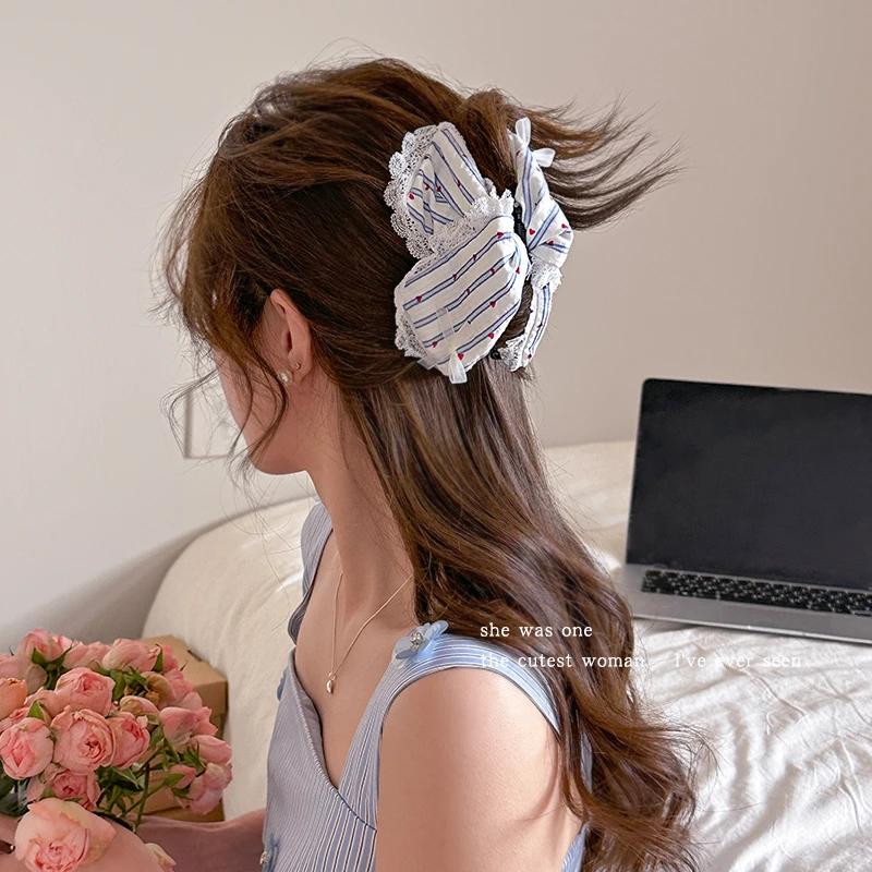 韩系百搭条纹爱心波点三角抓夹女高级感蝴蝶结发夹头饰鲨鱼夹发卡