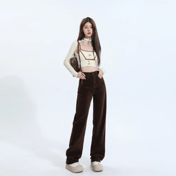 咖色灯芯绒阔腿裤女2025春秋季新款高腰宽松显瘦休闲窄版直筒裤子