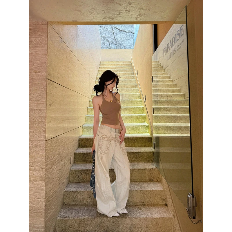 挂脖辣妹时尚气质设计款纯色洋气背心上衣百搭休闲显瘦直筒长裤女