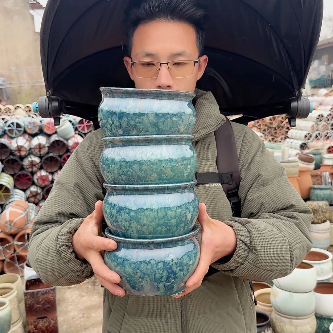 紫砂花盆口16高11（四个拼雪花绿