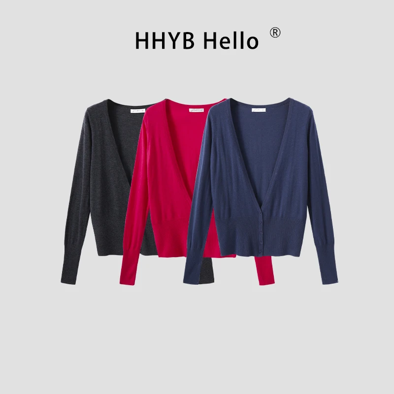 HHYB Hello2025秋日系复古深v领叠穿羊毛混纺针织衫开衫女M1359