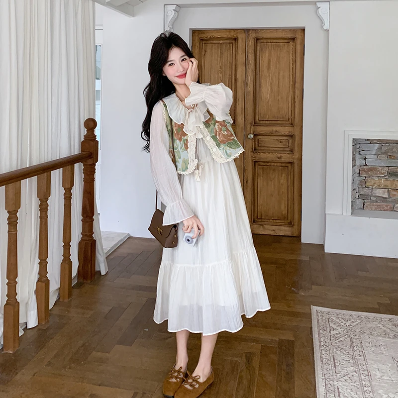 法式提花马甲白色连衣裙套装女2025春季新款复古荷叶领长裙两件套