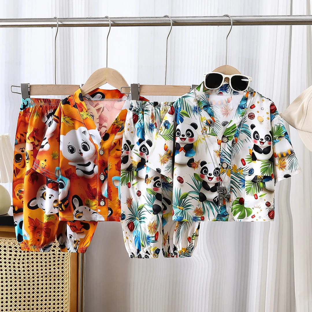 夏季卡通透气空调服男童女童家居服套装女孩五分袖