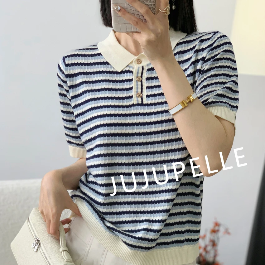 莱赛尔100设计感条纹撞色2025夏季新款宽松针织衫毛衣T恤中袖女士
