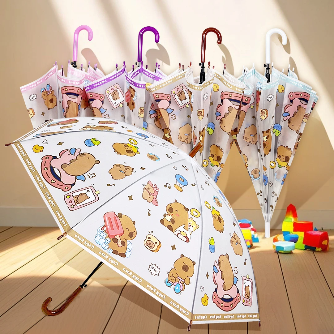 卡皮巴拉学生儿童雨伞可爱卡通长柄高颜值半自动透明清新加厚水豚
